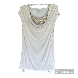 Lysse cream crepe knit ladies tunic with gold sequin chest placket size S